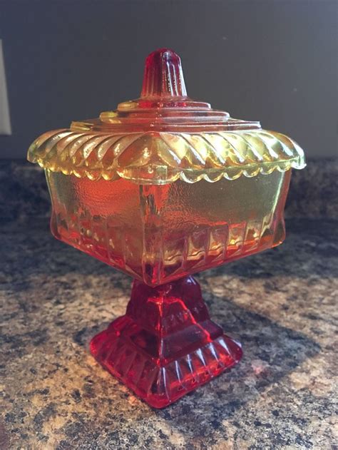 Amberina Red Yellow Orange Glass Candy Dish Vintage 1960s 1970s