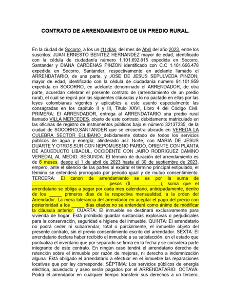 Contrato De Arrendamiento De Un Predio Rural Pdf