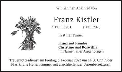 Traueranzeigen Von Franz Kistler Trauer Merkur De