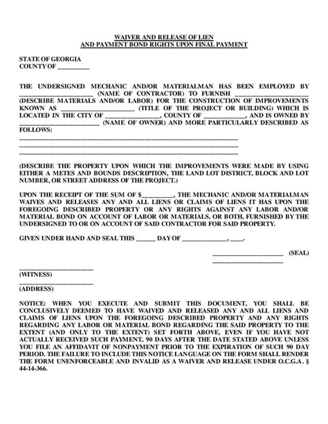 Final Lien Waiver Form Georgia In Word And Pdf Formats