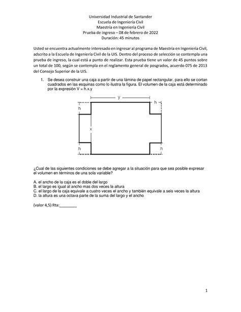 Examen ingreso 20220208 Escuela de IngenierÌa Civil MaestrÌa en