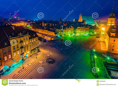 Night Panorama Of Royal Castle And Old Town In Warsaw Stock Image