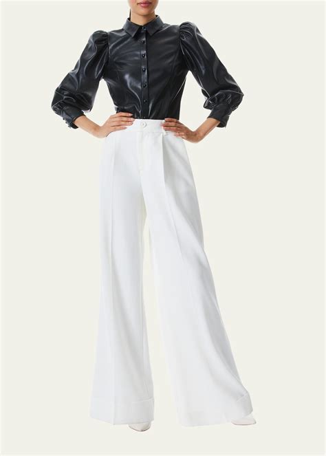 Alice Olivia Nadine Vegan Leather Puff Sleeve Blouse In White Lyst