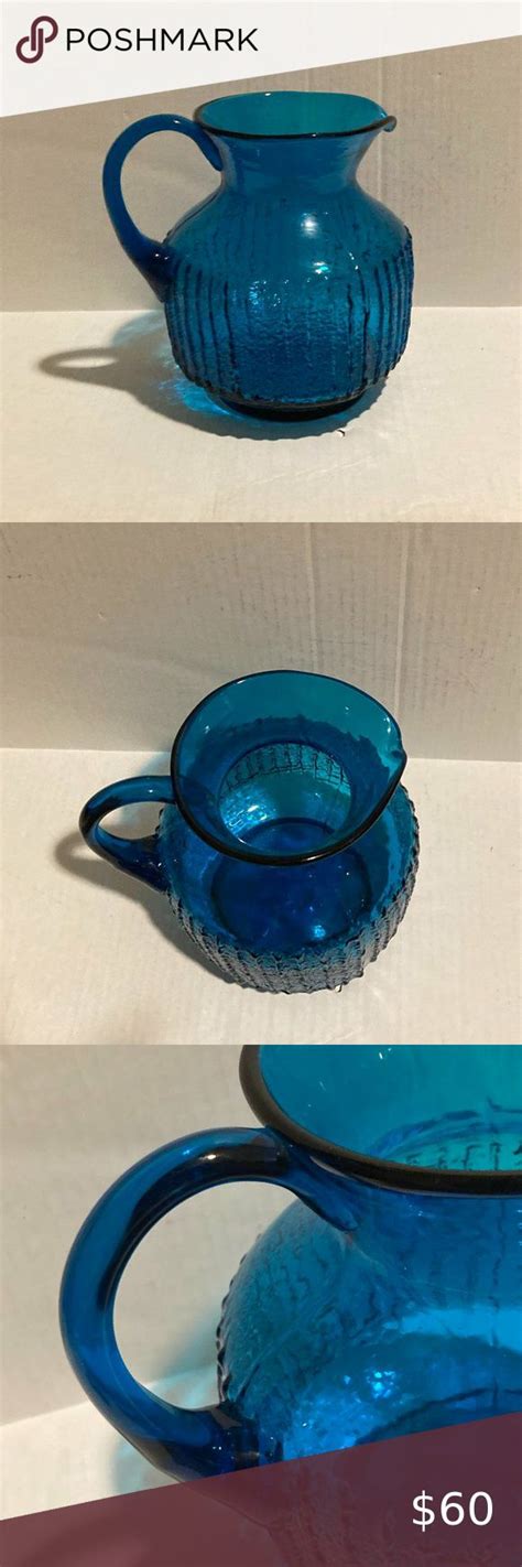 Vintage Mid Century Modern Hand Blown Glass Ribbed Textured Pitcher Blenko Turquoise Blue