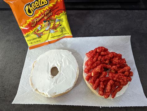 Cream Cheese And Flamin Hot Cheetos On A Plain Bagel R Eatsandwiches