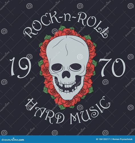 Rock Music Print Rock And Roll Stamp With Skull And Rose Stock Vector