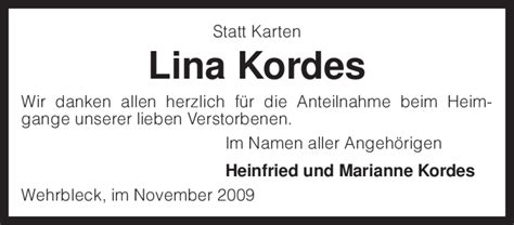 Traueranzeigen Von Lina Kordes Trauer Kreiszeitung De