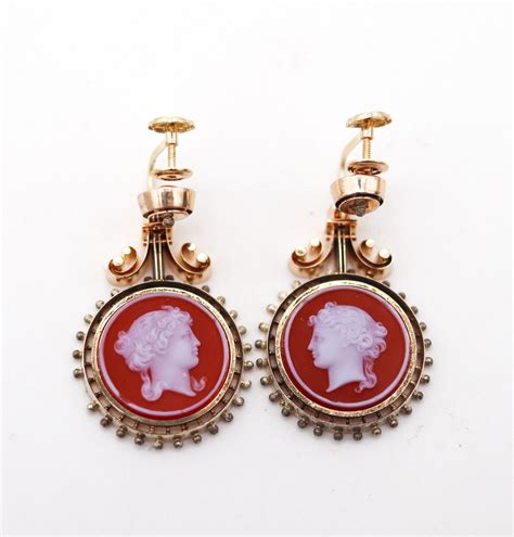 Victorian 1850 Etruscan Revival Dangle Drop Earrings Gem