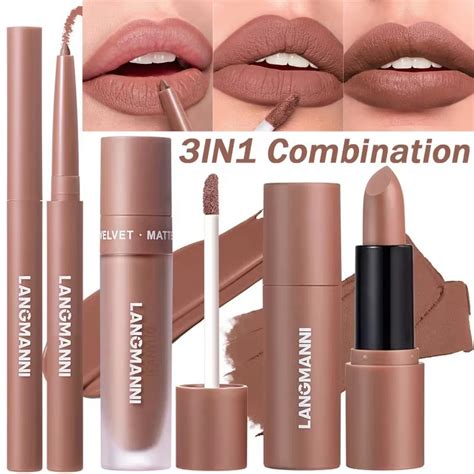 3PCS Matte Lipstick Set Nude Brown Velvet Liquid Lip Gloss Waterproof