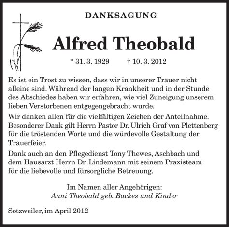 Traueranzeigen Von Alfred Theobald Saarbruecker Zeitung Trauer De