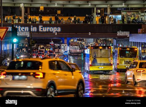 Central station in the city centre of Essen, dense traffic, local train ...