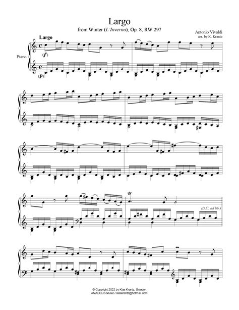 Largo From Winter Linverno For Piano Solo C Major Arr Arr K