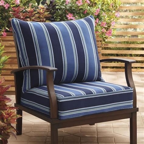 Allen Roth 25 In X 25 In 2 Piece Blue Coach Stripe Deep Seat Patio Chair Cushion At