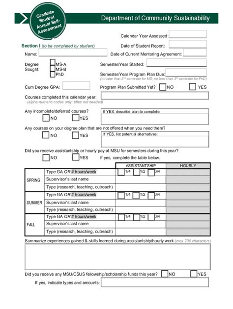 Fillable Online Graduate Student Annual Self Assessment Form Fax Email