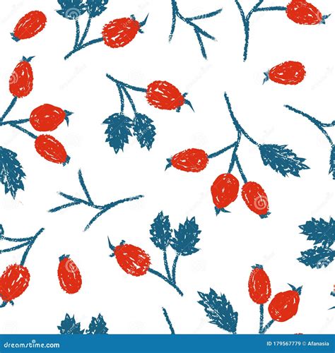 Seamless Autumn Floral Pattern With Wild Rose Hip Red Berries Stock