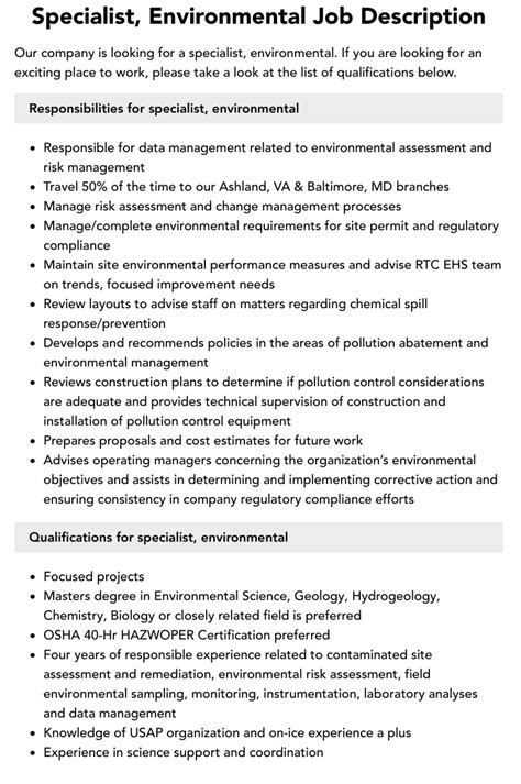 Specialist Environmental Job Description Velvet Jobs