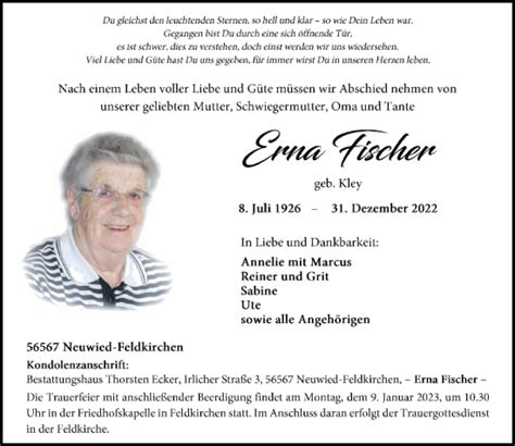 Traueranzeigen Von Erna Fischer Rz Trauer De