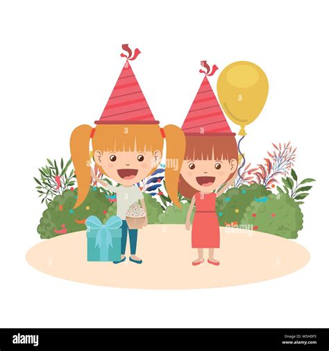 Girls With Party Hat And Helium Balloon In Birthday Celebration Stock