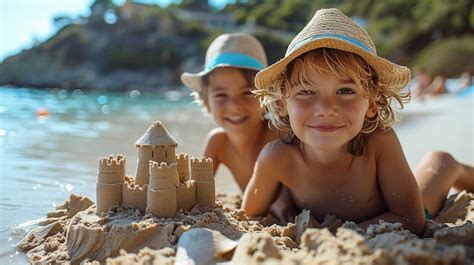 Deux Enfants Jouant Avec Un Ch Teau De Sable Sur La Plage Image