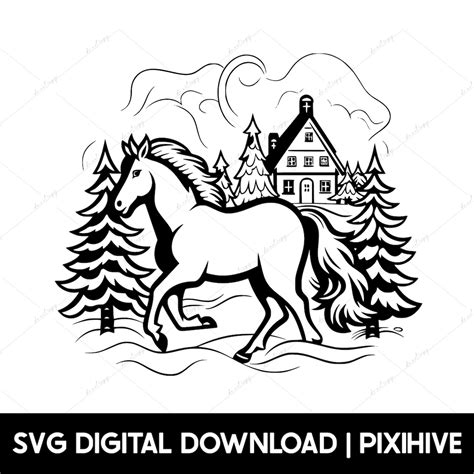 Christmas Horse Svg Horse Clipart Holiday Scenery Svg Equestrian Svg