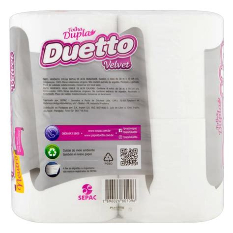 Papel Higiênico Folha Dupla Neutro Duetto Velvet 30m Pacote 4 Unidades