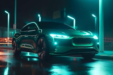 Premium Photo Futuristic Electric Car At Green Charging Spot At Night Generative Ai