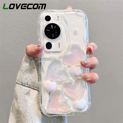 Casing Bening Glitter Hati Cinta Mutiara 3D Lucu Untuk Huawei P60 P50