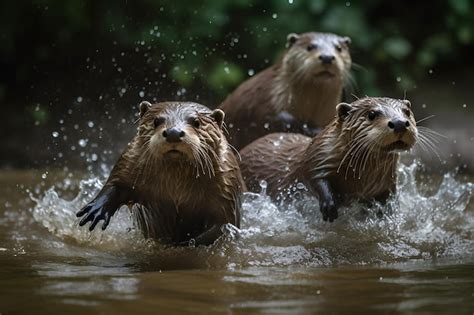 Tres Nutrias Est N Nadando En El Agua Foto Premium