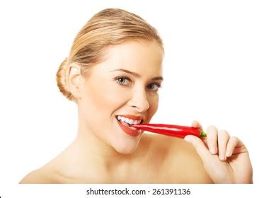 Happy Blonde Nude Woman Eating Chilli Stock Photo Shutterstock