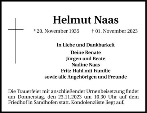 Traueranzeigen Von Helmut Naas Trauerportal Ihrer Tageszeitung