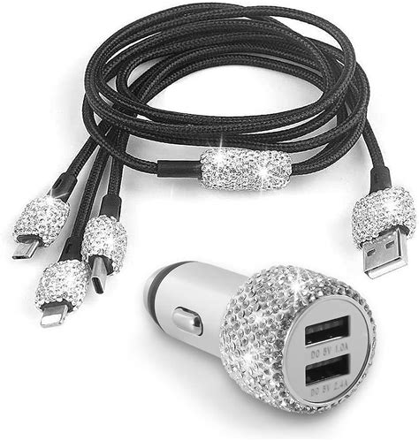 Bling Usb Car Charger 5v 2 4a White Crystal Decoration Dual Port Fast Adapter With