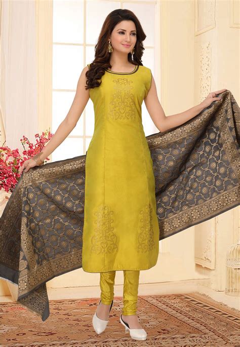 Mustard Cotton Silk Readymade Churidar Salwar Kameez