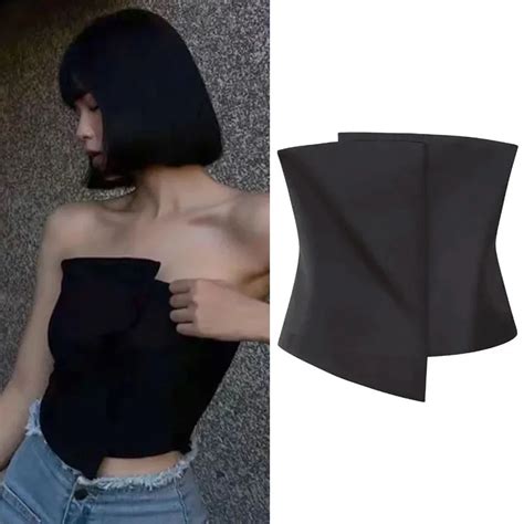 Traf Top Negro Sin Tirantes Con Efecto Satinado Para Mujer Tops Asim