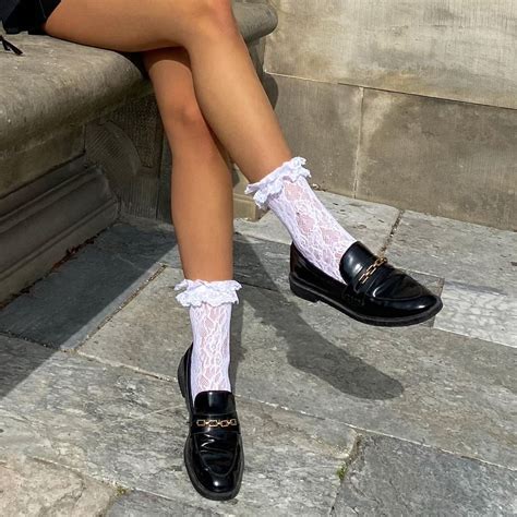 White Lace Socks In Black Loafers Parisian Style Detail