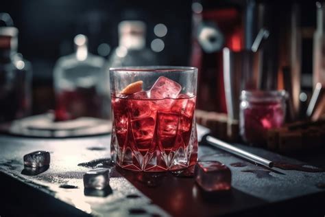 Premium AI Image A Glass Of Red Cocktail With Ice On A Bar Counter