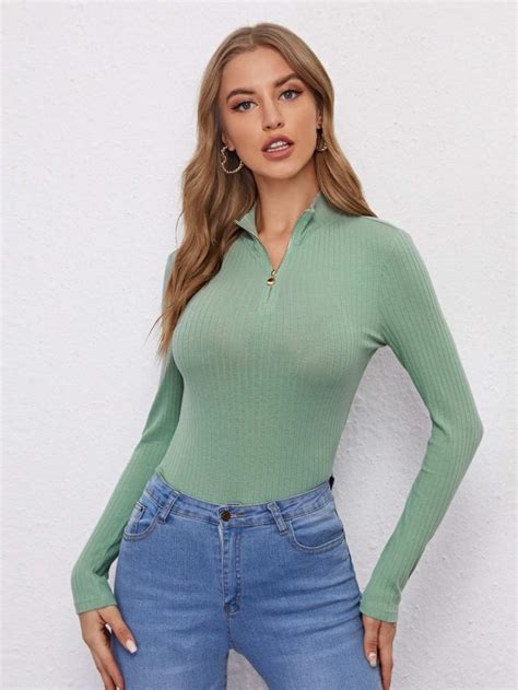 Shein Rib Knit Solid Half Placket Tee