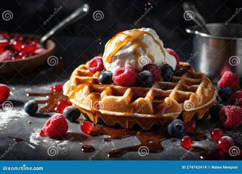 Homemade Belgium Waffles With Mix Berries And Ice Cream Generative AI