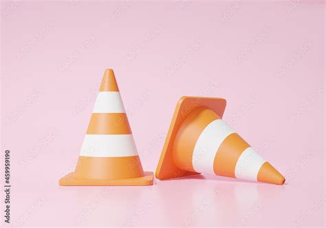 Two Orange Traffic Cones With White Stripes On Pink Background