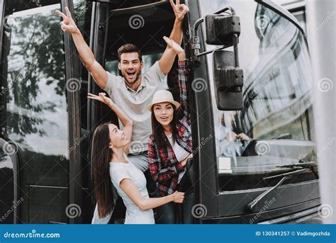 Young Smiling People Traveling On Tourist Bus Stock Image Image Of