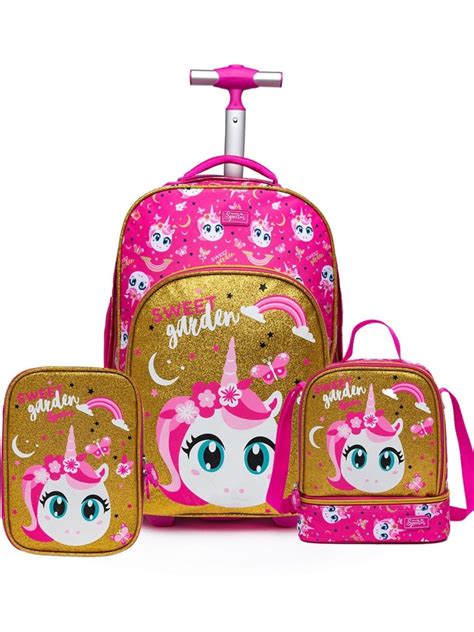 Kit Mochila Rodinha Infantil Unic Rnio Feminina Escolar Refor Ada