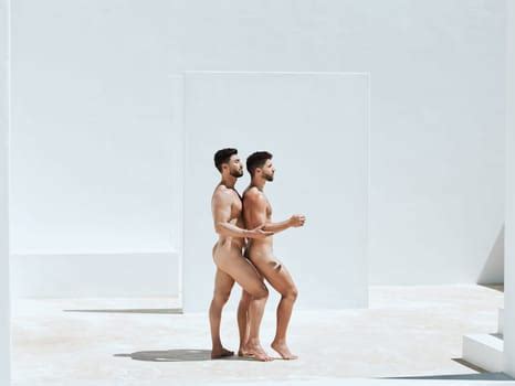 Art Creativity And Naked Gay Couple Kiss On Stairs With Blue Sky