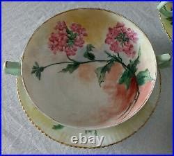 Antique T V Limoges Hand Painted Flowers Porcelain Soup Bowls Plates