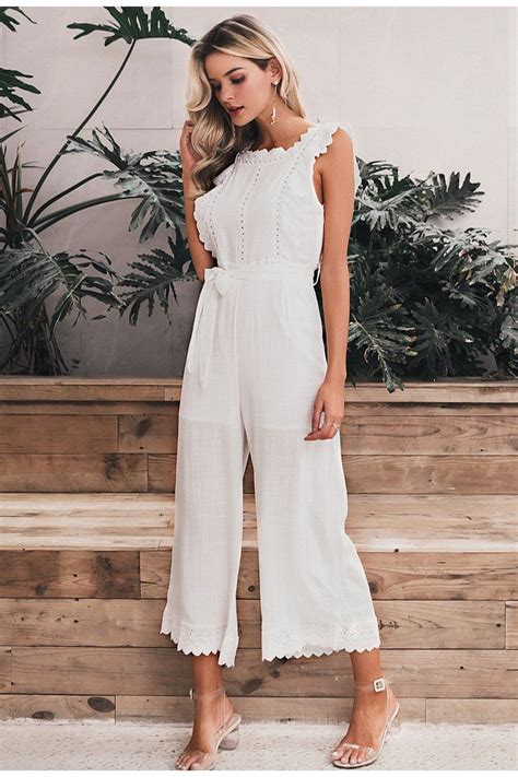 Cotton Ruffled Embroidery Hollow Out Sashes Jumpsuit Jumpsuit Elegant