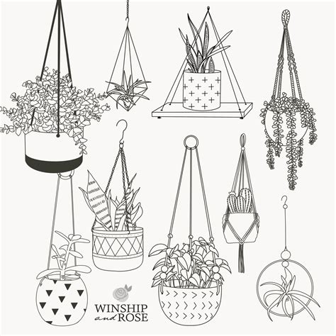 "These hanging planters clip art designs feature plant-themed doodles ...