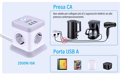 FDTEK Multipresa Cubo Ciabatta Multipresa Con 4 Prese AC E 3 USB