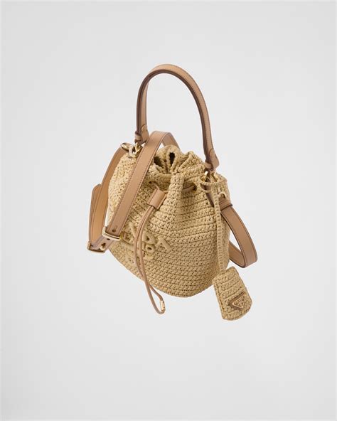 Natural Raffia And Leather Mini Bucket Bag Prada