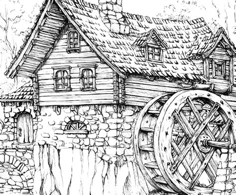 WATERMILL A3 Size Printable Coloring Page With a Detailed - Etsy