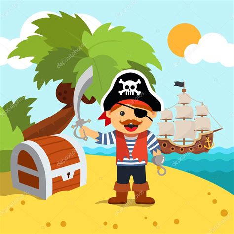 Capit N Pirata En La Costa De La Isla Con Cofre Del Tesoro Vector