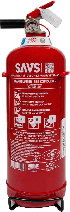 Savs Brandblusser Vetblusser Schuim Liter A B F Vorstvrij