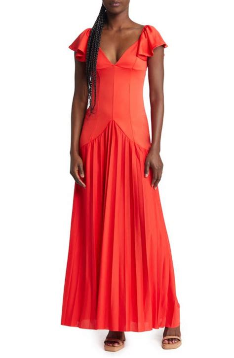 Buy Asos Pleated Flutter Sleeve Gown Red At Off Editorialist